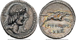 L. Calpurnius Piso Frugi (ca. 90 BC). AR denarius (18mm. 3.98 gm, 1h). NGC Choice XF 5/5 - 5/5. Rome. Laureate head of Apollo right; L behind, L befor...
