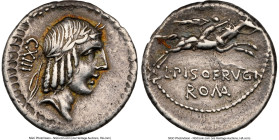 L. Calpurnius Piso Frugi (ca. 90 BC). AR denarius (18mm, 3.87 gm, 1h). NGC Choice VF 5/5 - 3/5, brushed. Rome. Laureate head of Apollo right; CXIII be...