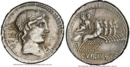 C. Vibius C. f. Pansa (ca. 90 BC). AR denarius (20mm, 3.94 gm, 9h). NGC Choice XF 5/5 - 3/5, brushed. Rome. PANSA, laureate head of Apollo right; bucr...