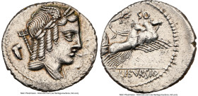 L. Julius Bursio (ca. 85 BC). AR denarius (20mm, 3.94 gm, 2h). NGC AU 3/5 - 3/5, brushed. Rome. Head of composite male deity right, with the attribute...