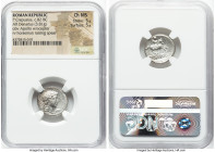 P. Crepusius (c.82 BC). AR Denarius (17mm, 3.81 gm, 5h). NGC Choice MS 5/5 - 5/5. Rome. Laureate head of Apollo right, with scepter over shoulder; sic...