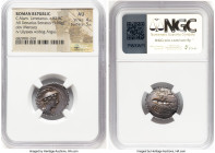 C. Mamilius Limetanus (ca. 82 BC). AR serratus denarius (20mm, 3.94 gm, 10h). NGC AU 4/5 - 5/5. Rome. Draped bust of Mercury right, wearing winged pet...