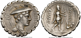 C. Mamilius Limetanus (ca. 82 BC). AR serratus denarius (20mm, 3.66 gm, 7h). NGC Choice VF 5/5 - 2/5, punch marks. Rome. Draped bust of Mercury right,...