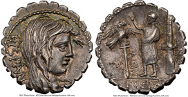 A. Postumius A.f. Sp.n. Albinus (ca. 81 BC). AR serratus denarius (19mm, 3.96 gm, 1h). NGC Choice XF 5/5 - 5/5. Rome. HISPAN, veiled bust of Hispania ...