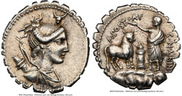 A. Postumius A.f. Sp.n. Albinus (ca. 81 BC). AR serratus denarius (19mm, 4.02 gm, 2h). NGC XF 5/5 - 4/5. Rome. Draped bust of Diana right, hair tied i...