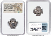 C. Poblicius Q.f. (ca. 80 BC). AR denarius serratus (19mm, 3.39 gm, 4h). NGC Choice XF 5/5 - 2/5, scratches. Rome. Helmeted and draped bust of Roma ri...
