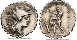 C. Poblicius Q.f. (ca. 80 BC). AR denarius serratus (20mm, 3.95 gm, 4h). NGC XF 5/5 - 3/5, brushed. ROMA, draped bust of Roma right, wearing Apulo-Cor...