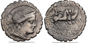 C. Naevius Balbus (79 BC). AR serratus denarius (19mm, 3.65 gm, 7h). NGC VF 5/5 - 2/5. Rome. Head of Venus right, wearing stephane, necklace and earri...