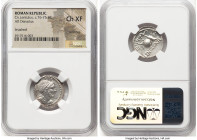 Cn. Lentulus (ca. 76-75 BC). AR denarius (20mm, 4h). NGC Choice XF, scratches, brushed. Uncertain mint in Spain. G•P•R, draped bust of bearded Genius ...