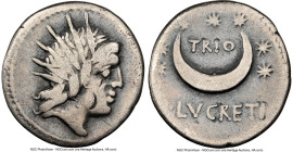L. Lucretius Trio (ca. 76/4 BC). AR denarius (18mm, 5h). NGC Fine, bankers mark. Rome. Radiate head of Sol right / TRIO/L•LVCRETI, crescent moon surro...