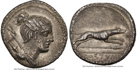 C. Postumius (ca. 74 BC). AR denarius (18mm, 4h). NGC VF. Rome, 74 BC. Bust of Diana right, hair pulled into topknot; bow and quiver over left shoulde...