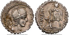 Mn. Aquillius M.f. (ca. 71/65 BC). AR denarius serratus (19mm, 4.00 gm, 6h). NGC Choice XF 4/5 - 5/5. Rome. VIRTVS-III•VIR, draped bust of Virtus righ...