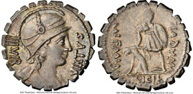 Mn. Aquillius M.f. (ca. 71/65 BC). AR denarius serratus (20mm, 3.95 gm, 5h). NGC Choice XF 5/5 - 4/5, flan flaw. Rome. VIRTVS-III•VIR, draped bust of ...