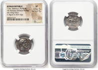 T. Vet. Sabinus (ca. 70/66 BC). AR serratus denarius (19mm, 4.00 gm, 6h). NGC XF 5/5 - 5/5. Rome. SABINVS, bearded head of King Tatius right; S•C befo...