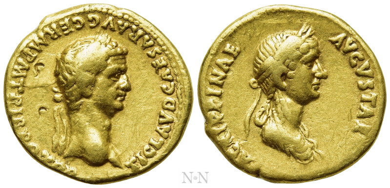 CLAUDIUS, with Agrippina II (41-54). GOLD Aureus. Lugdunum. 

Obv: TI CLAVD CA...