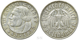GERMANY. 5 Reichsmark (1933-F). Stuttgart. 450th Anniversary of Birth of Martin Luther
