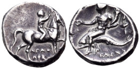 CALABRIA. Tarentum. Circa 272-240 BC. Didrachm or nomos (Silver, 20.5 mm, 6.40 g, 3 h), struck under the magistrate Agatharkos. Horseman advancing to ...