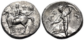 CALABRIA. Tarentum. Circa 240-228 BC. Didrachm or nomos (Silver, 19 mm, 6.64 g, 1 h), struck under the magistrate Xenokrates. Armoured military leader...