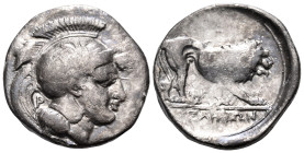 LUCANIA. Velia. Circa 340-334 BC. Nomos (Silver, 22 mm, 7.21 g, 6 h), from the "Θ" group. Head of Athena to right, wearing crested Attic helmet decora...