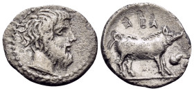 SICILY. Abakainon. Circa 420-410 BC. Litra (Silver, 12 mm, 0.69 g, 10 h). Head of bearded male to right. Rev. ABA Boar standing to right; to right, ac...