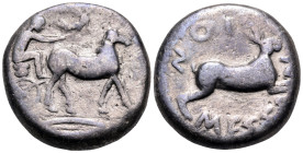 SICILY. Messana. 445-439 BC. Tetradrachm (Silver, 24 mm, 16.82 g, 6 h). Charioteer driving biga of mules walking to the right; in exergue, olive sprig...