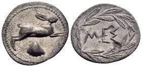 SICILY. Messana. 420-413 BC. Litra (Silver, 14 mm, 0.67 g, 2 h). Hare springing to right; below, scallop shell. Rev. ΜΕΣ within wreath. Caltabiano Ser...