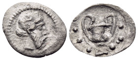 SICILY. Naxos. Circa 461-430 BC. Hemilitron or Hexonkion (Silver, 10 mm, 0.19 g, 5 h). Bearded head of Dionysos to right, wearing ivy wreath. Rev. Kan...
