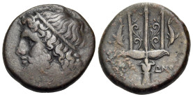 SICILY. Syracuse. Hieron II, 275-215 BC. (Bronze, 21 mm, 8.61 g, 10 h). Head of Poseidon to left, wearing tainia. Rev. ΙΕΡ-ΩΝΟΣ Trident flanked by two...