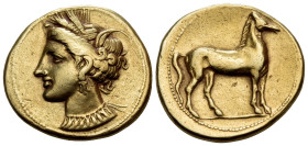 ZEUGITANA. Carthage. Circa 320-310 BC. Stater (Electrum, 19 mm, 7.37 g, 1 h). Head of Tanit to left, wearing wreath of grain ears, triple-pendant earr...