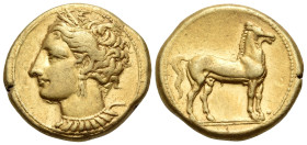 CARTHAGE. Carthage. Circa 290-270 BC. Stater (Electrum, 18 mm, 7.60 g, 1 h). Head of Tanit to left, wearing grain wreath, triple pendant earring and n...