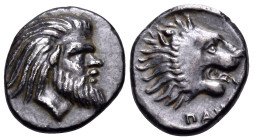 CIMMERIAN BOSPOROS. Pantikapaion. Circa 380-370 BC. Hemidrachm (Silver, 14 mm, 2.31 g, 11 h). Head of bearded Satyr to right. Rev. ΠΑΝ[TI] Head of lio...