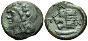 CIMMERIAN BOSPOROS. Pantikapaion. Circa 310-304/3 BC. (Bronze, 20 mm, 6.30 g, 6 h). Head of beardless satyr to left. Rev. Π-Α-Ν Head of lion to left; ...