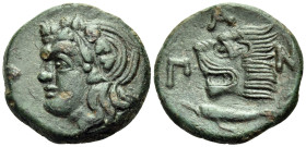 CIMMERIAN BOSPOROS. Pantikapaion. Circa 310-304/3 BC. (Bronze, 20 mm, 6.36 g, 12 h). Head of beardless satyr to left. Rev. Π-Α-Ν Head of lion to left;...
