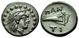 CIMMERIAN BOSPOROS. Pantikapaion. Circa 310-304/3 BC. Chalkous (Bronze, 14 mm, 2.01 g, 1 h). Head of a satyr to right. Rev. ΠΑΝ-ΤΙ Bow in bow-case. HG...