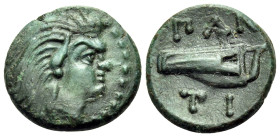 CIMMERIAN BOSPOROS. Pantikapaion. Circa 310-304/3 BC. (Bronze, 13 mm, 1.53 g, 9 h). Head of beardless satyr to right. Rev. ΠΑΝ / ΤΙ Bow in bow-case. H...