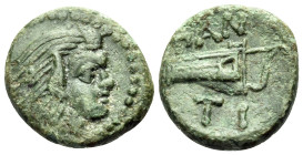 CIMMERIAN BOSPOROS. Pantikapaion. Circa 310-304/3 BC. (Bronze, 13 mm, 1.75 g, 7 h). Head of beardless satyr to right. Rev. ΠΑΝ / ΤΙ Bow in bow-case. H...