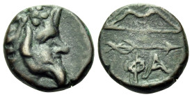CIMMERIAN BOSPOROS. Phanagoreia. Circa 140-108 BC. (Bronze, 12 mm, 1.82 g, 5 h). Head of bearded Satyr to right, wearing ivy wreath. Rev. ΦΑ Bow above...