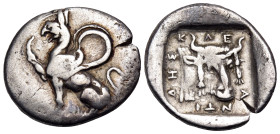 THRACE. Abdera. Circa 381-378 BC. Tetrobol (Silver, 17 mm, 2.86 g, 6 h), Struck under the magistrate Kleantides. Griffin seated to left, raising right...