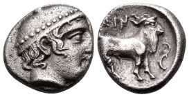 THRACE. Ainos. Circa 429-427/6 BC. Diobol (Silver, 10.5 mm, 1.23 g, 6 h). Head of Hermes to right, wearing petasos. Rev. AIN Rev. AIN Goat standing to...