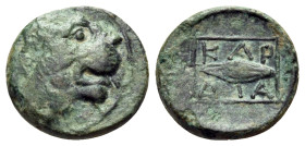 THRACE. Kardia. Circa 350-309 BC. (Bronze, 11 mm, 1.13 g, 6 h). Head of lion to right. Rev. KΑΡ/ΔΙΑ around barleycorn; all within square frame. HGC 3....