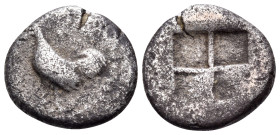 THRACE. Selymbria. Circa 492/0-473/0 BC. Triobol (Silver, 12 mm, 1.79 g). Cockerel standing to left; above, [ΣΑ]. Rev. Quadripartite incuse square. HG...