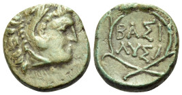 KINGS OF THRACE. Lysimachos, 305-281 BC. (Bronze, 14 mm, 2.22 g, 12 h), Lysimacheia. Head of Herakles to right, wearing lion's skin headdress. Rev. ΒΑ...