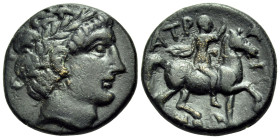 THESSALY. Atrax. 2nd century BC. Trichalkon (Bronze, 19 mm, 5.30 g, 12 h). Laureate head of Apollo to right. Rev. ΑΤΡΑ-ΓΙ-ΩΝ Horseman prancing to righ...