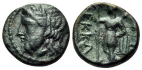 THESSALY. Ekkarra. Circa 325-320 BC. Chalkous (Bronze, 12 mm, 1.95 g, 11 h). Laureate head of Zeus to left. Rev. EKKA-PPEI Artemis standing to left, h...