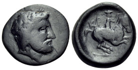 THESSALY. Krannon. 4th century BC . (Bronze, 19 mm, 4.65 g, 3 h). Laureate and bearded head of Poseidon or Zeus to right. Rev. KP-[A-N] Rider wearing ...