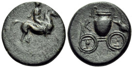 THESSALY. Krannon. 4th century BC . Dichalkon (Bronze, 17 mm, 3.87 g, 6 h). Rider wearing petasos and chiton on horse, prancing to right. Rev. K-[P-NA...