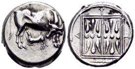 ILLYRIA. Dyrrhachion. Circa 450-350 BC. Stater (Silver, 20 mm, 10.89 g, 4 h). Cow standing to right, turning her head back to left to lick calf suckli...