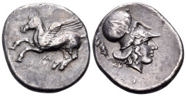 EPEIROS. Ambrakia. Circa 404-360 BC. Stater (Silver, 23 mm, 8.41 g, 3 h). Pegasos flying to left; below, A. Rev. Head of Athena to right, wearing Cori...