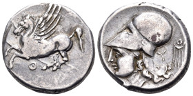 AKARNANIA. Thyrrheion. Circa 360-320 BC. Stater (Silver, 21 mm, 8.56 g, 3 h). Pegasos flying to left; below, Θ. Rev. Head of Athena to left, wearing C...