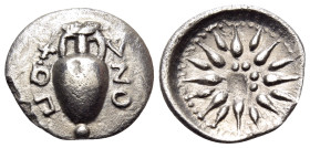 LOKRIS. Lokris Opuntii. Circa 375-350 BC. Obol (Silver, 12 mm, 0.66 g). ΟΠ-ΟΝ Amphora with grape bunch and ivy leaf. Rev. Star of sixteen rays with se...